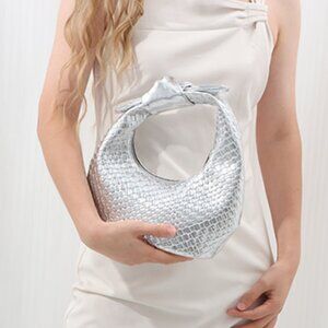 Neiman Marcus Silver Metallic Vegan Leather Woven Handbag